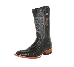 Men's Black Caiman Tail Print Square Toe Boots