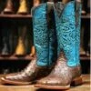Tanner Mark Ladies Brown Ostrich With Turquoise Tooling Square Toe Boots -Shoe Promotion Store TMBOOT