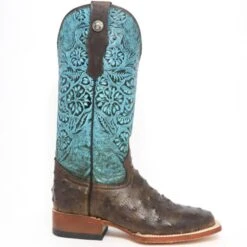 Tanner Mark Ladies Brown Ostrich With Turquoise Tooling Square Toe Boots -Shoe Promotion Store TMBootsUse
