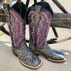 Tanner Mark Women's Rustic Charcoal With Purple Volcano Tops Square Toe Boots