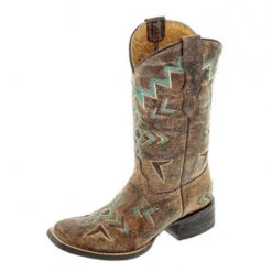 Corral Boots Corral Kid's Tan Bronze And Turquoise Square Toe